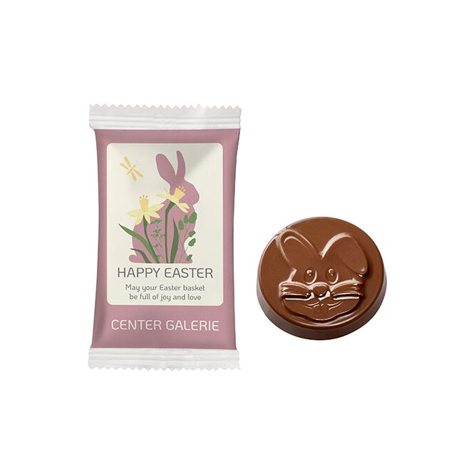 Oster-Giveaway Schokotaler Osterhase – osterhase premium vollmilchschokolade – mit individuellem Etikett 10g als süßes Oster-Werbegeschenk für Kunden