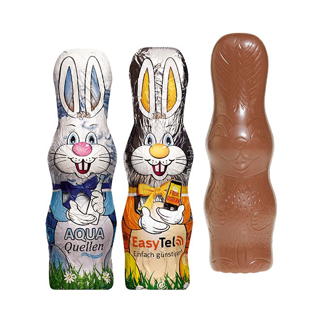 Oster-Werbeartikel MAXI-Schoko-Osterhase – weiß – mit Logo bedruckt 1 Stück als süßes Oster-Werbegeschenk für Kunden und Partner