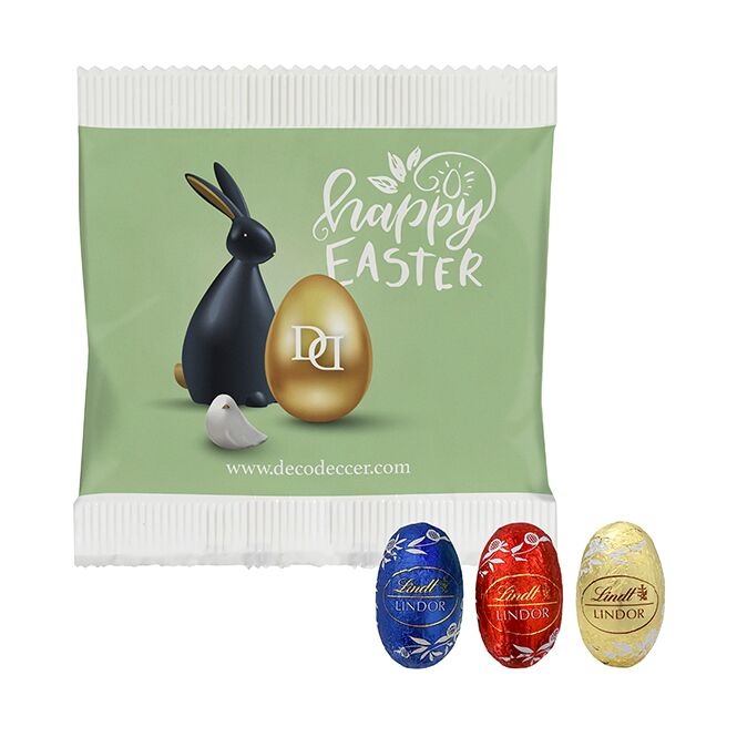 Firmengeschenk Lindt Lindor Mini Eier – bunt gemischt – mit bedrucktem Etikett 3er Tütchen als Oster-Werbegeschenk für Kunden und Partner