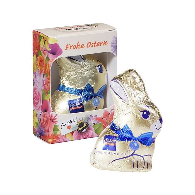 Oster-Werbeartikel Gubor Osterhase – weiß – mit individuell bedrucktem Etikett ca. 75g als süßes Oster-Werbegeschenk für Kunden und Partner