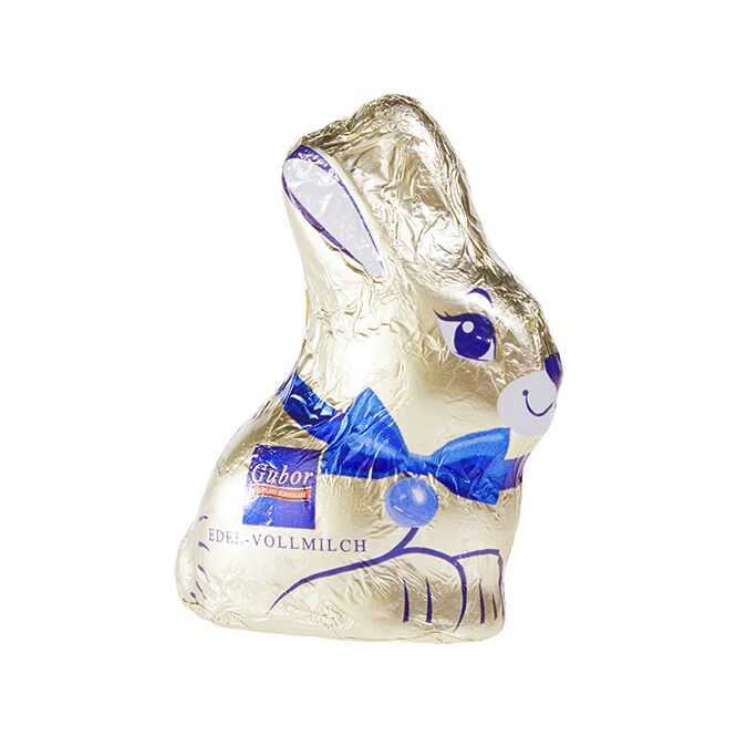 Oster-Werbeartikel Gubor Schoko-Osterhase – schoko-hohlfigur – mit individuellem Etikett 50 g als süßes Oster-Werbegeschenk für Kunden