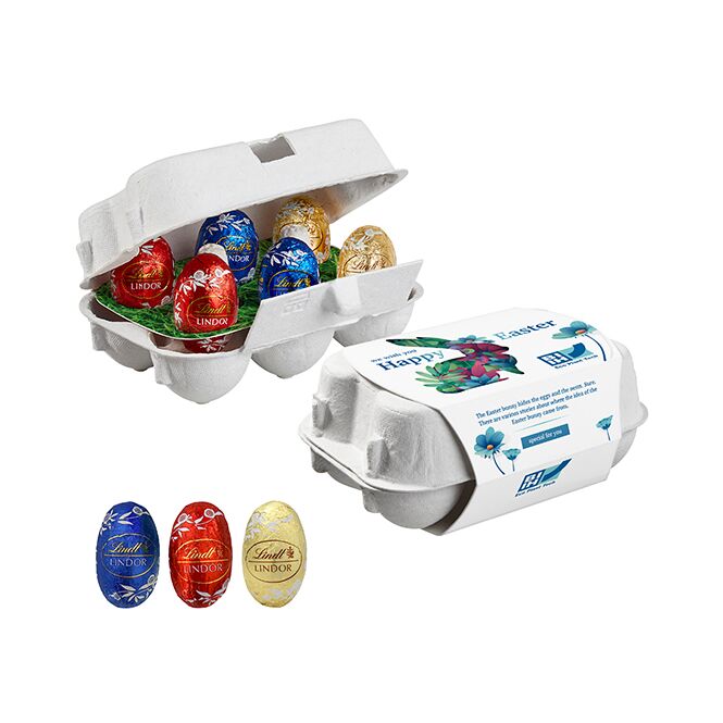Firmengeschenk 6er Ostereier-Karton mit Lindt Lindor Mini-Eiern mit Logodruck – Ostersüßigkeit für Geschäftspartner