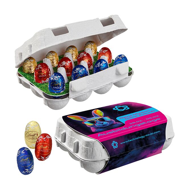 Firmengeschenk 12er Ostereier-Karton mit Lindt Lindor Mini-Eiern mit Logodruck – Werbepräsent für Kunden und Mitarbeiter