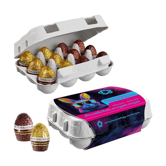 Oster-Werbeartikel Ferrero Rocher 12er Eier-Karton – ostern – mit bedrucktem Etikett 12 Stück als süßes Oster-Werbegeschenk für Kunden