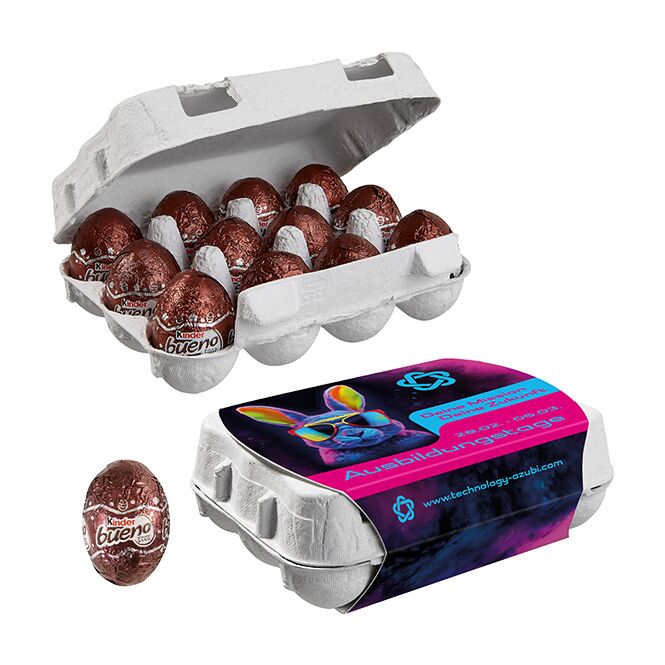 Oster-Werbeartikel Kinder Bueno 12er Ostereier-Karton – ostern – mit bedrucktem Etikett 12 Stück als süßes Oster-Werbegeschenk für Kunden