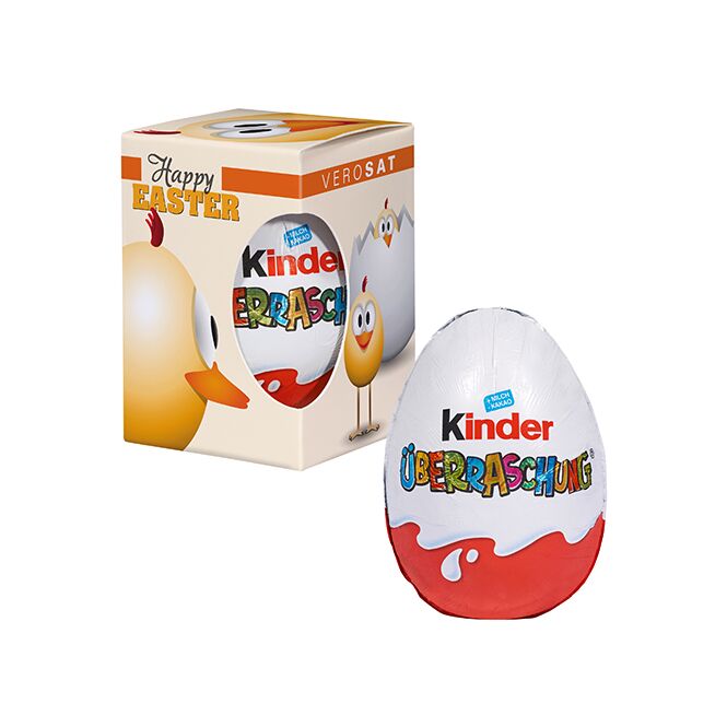 Premium-Werbeartikel Ferrero Kinder-Überraschungs-Ei – in werbebox – mit individuellem Etikett für Kunden und Geschäftspartner als Firmengeschenk
