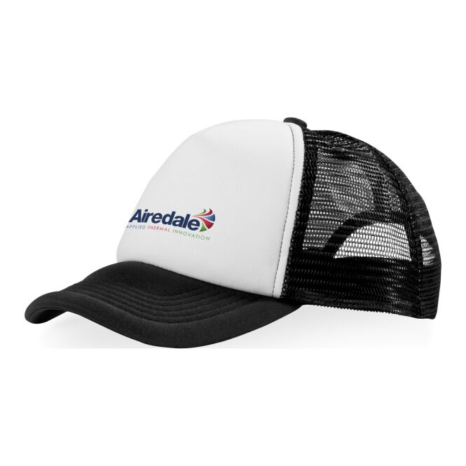 Corporate-Fashion Cap Trucker 100g/m² – schwarz-weiss – mit 48h Express-Logodruck 5 Segmente für bis zu 58cm Kopfgröße klassisches Baseball Cap