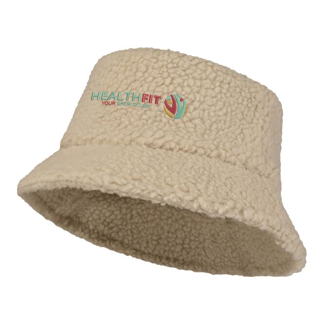 Mitarbeitergeschenk Sonnenhut Baru Sherpa – oatmeal – mit Logodruck 58 cm Kopfumfang flauschiges Polyester-Accessoire für Firmen-Events