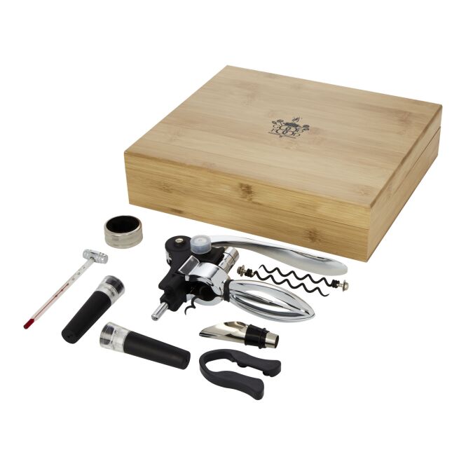 Firmengeschenk Malbick 9-teiliges Weinset mit Express-Gravur – Natural-Silber – edles Barzubehör für Business und Events