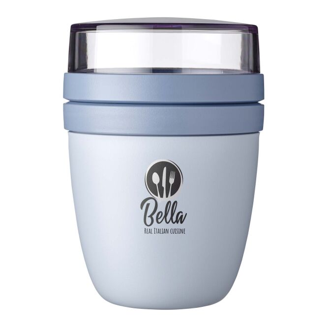 Firmengeschenk Lunchpot Mepal Ellipse Mini – transparent blau – mit 48h Express-Logodruck 120ml+300ml auslaufsicherer Behälter