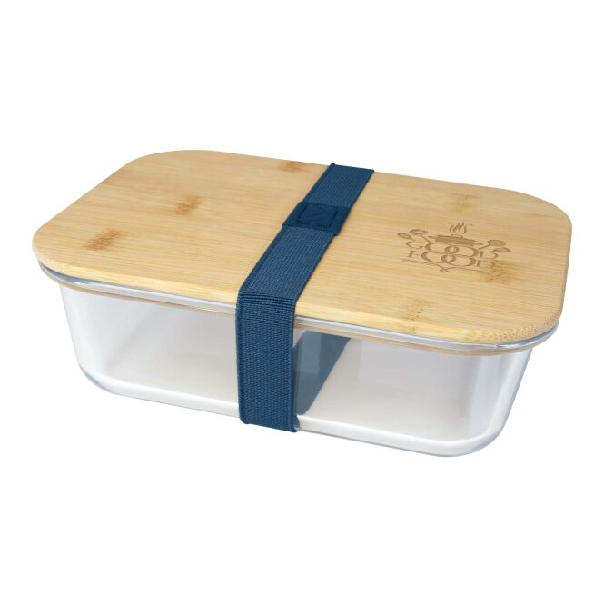Firmengeschenk Brotdose Roby – blau – mit 48h Express-Logodruck 1000ml Glas Bambusdeckel nachhaltiges Mehrweg-Utensil für CSR