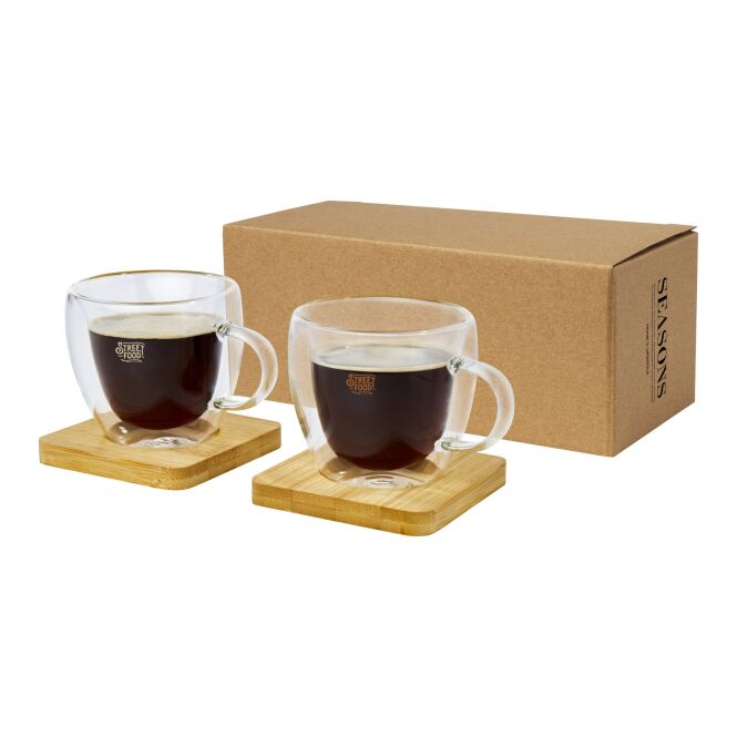 Firmengeschenk Manti 2-teiliges Thermoglas-Set mit Express-Gravur – 100 ml doppelwandig – Transparent-Natural – hochwertige Gläser für das Büro