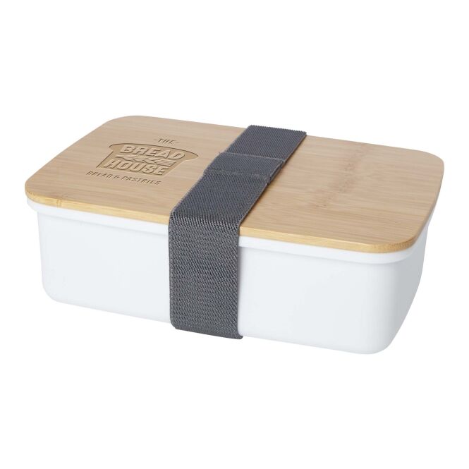 Werbeartikel Mangi Lunchbox mit Express-Gravur – 750 ml aus recyceltem Kunststoff – Weiß – nachhaltiger Proviantbehälter für das Büro