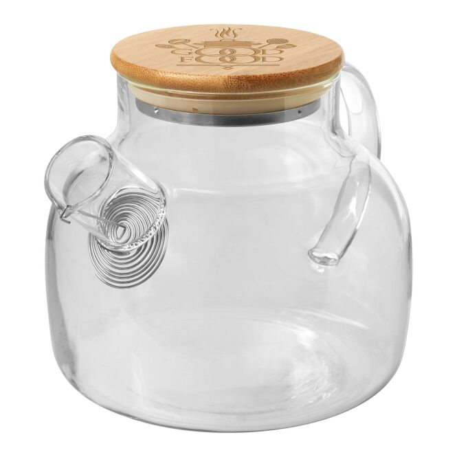 Firmengeschenk Zen Teekanne mit Express-Gravur – 1000 ml Borosilikatglas – Weiß – hochwertiges Tee-Zubehör für Büro und Kunden