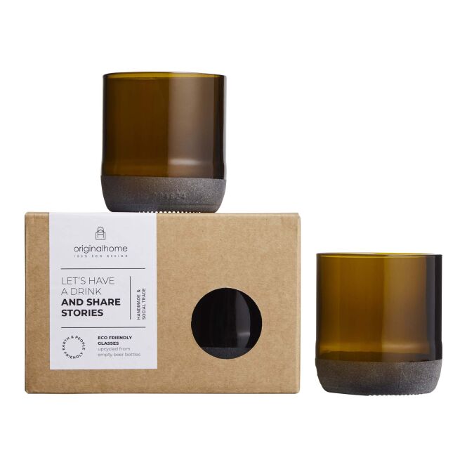 Kundengeschenk 160 ml Trinkglas Set mit Express-Gravur – Braun – nachhaltiges Trinkgefäß für Firmen