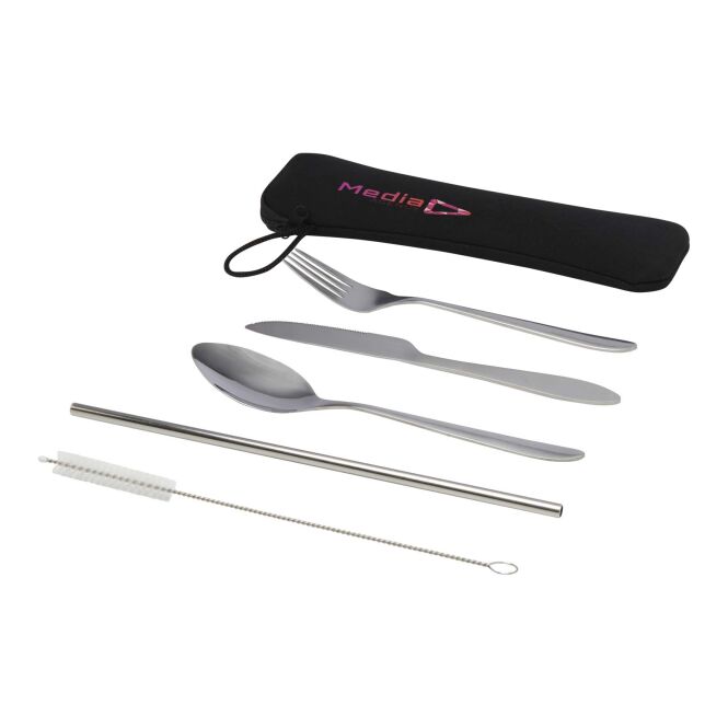 Firmengeschenk Sheen 5-teiliges Besteckset mit Express-Gravur – Silber – langlebiges Edelstahl-Essbesteck für unterwegs und das Büro