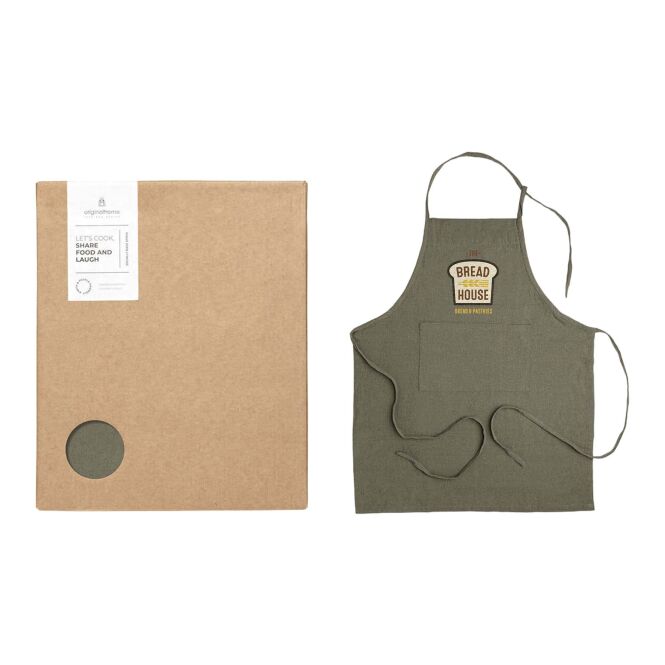 Mitarbeitergeschenk Schürze Originalhome – grün – mit 48h Express-Logodruck 100% Recycling-Mix (70% Baumwolle) nachhaltiges Textil