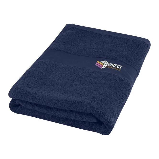 Mitarbeitergeschenk Amelia Baumwollhandtuch 70x140 cm mit Logo bestickt – Navy – OEKO-TEX zertifiziertes Textilprodukt für Bad und Wellness