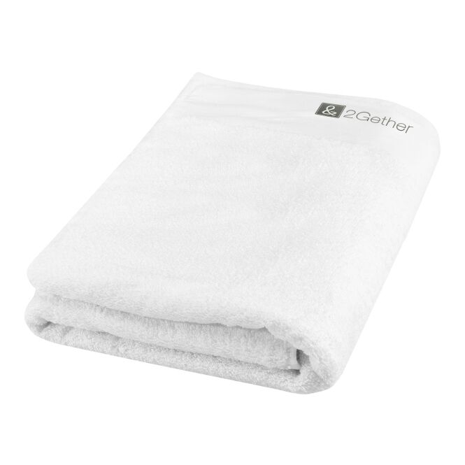 Werbeartikel Baumwollhandtuch Ellie 70x140 cm mit Logo bestickt – Weiss – nachhaltiges Textil für Hotels und Unternehmen