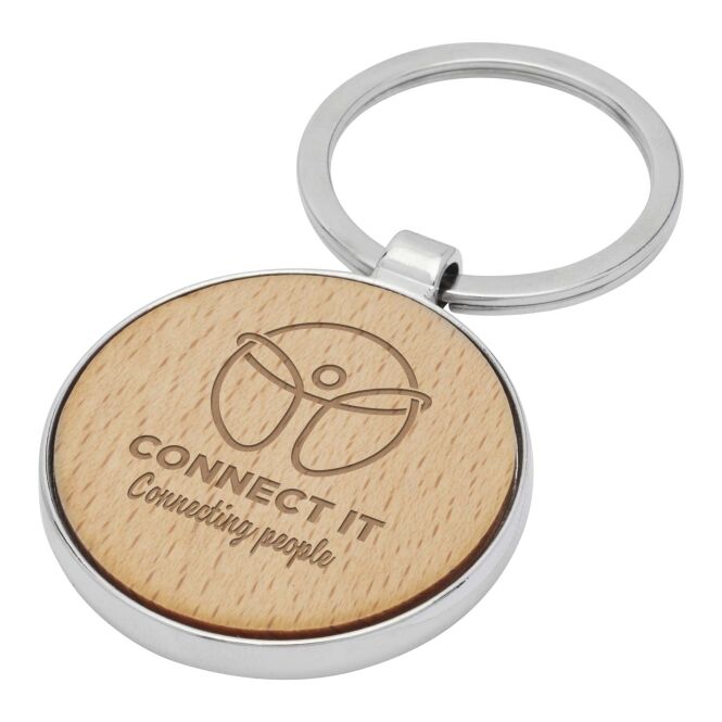 Werbeartikel Moreno Schlüsselanhänger mit Express-Gravur – 4 cm – Natur – edles Holz-Accessoire für Firmenkunden und Events