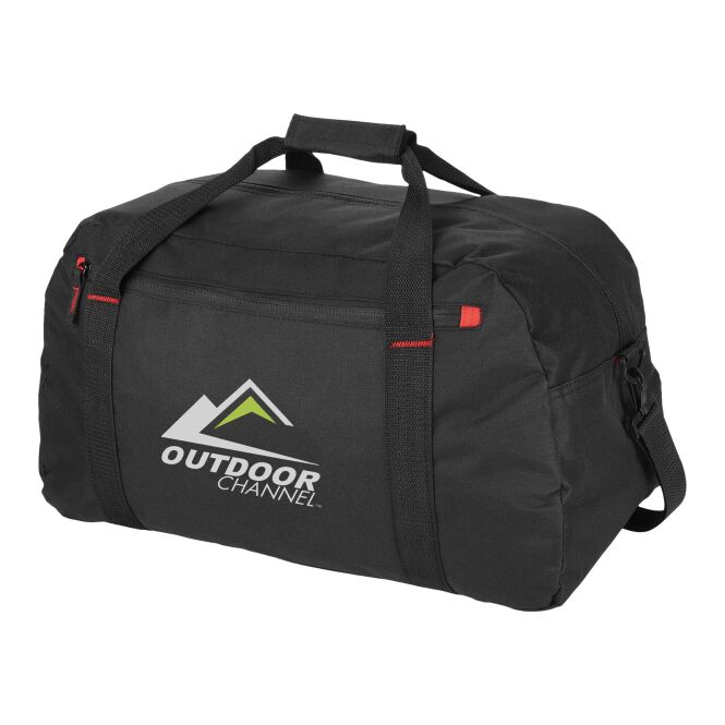 Werbeartikel Reisetasche Vancouver mit Express-Logodruck – robustes 600D-Polyester – Schwarz-Rot – geräumiges Gepäckstück für Business und Reisen