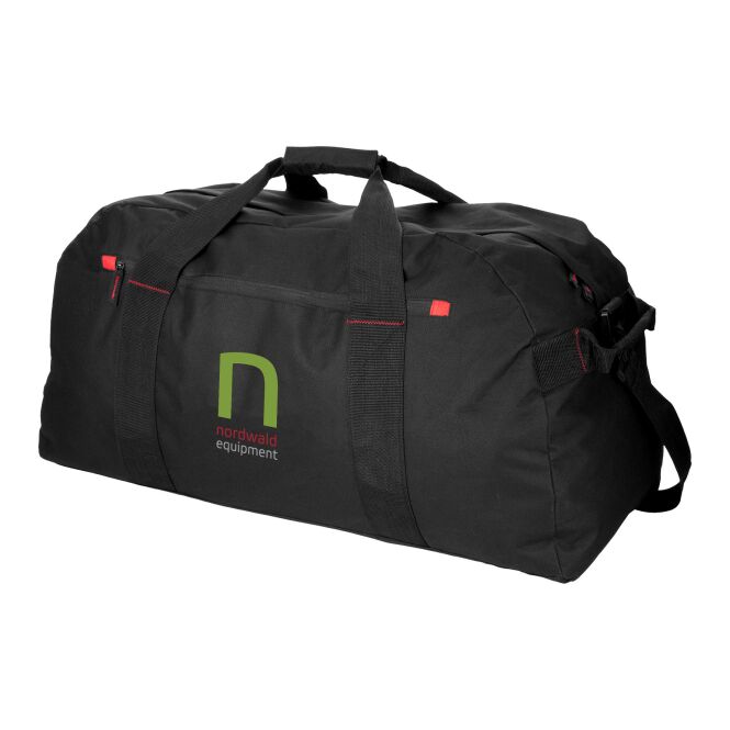 Mitarbeitergeschenk Vancouver Reisetasche mit Express-Logodruck – 600D Polyester – Schwarz-Rot – robuste Tasche für Businessreisen