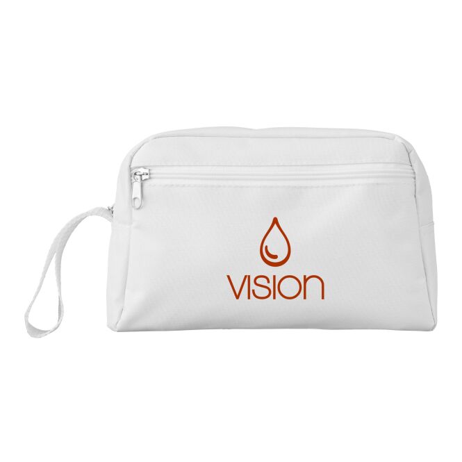Werbeartikel Transit Kulturtasche mit Express-Logodruck – reißfestes 300D-Polyester – Weiss – praktische Waschutensilien für Business-Reisen
