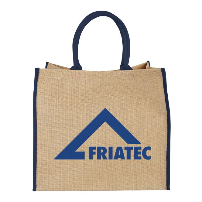 Kundengeschenk Jutetasche The Large Jute – natur-navy – mit individuellem Logodruck 40,5x18,5x36 cm robuster Jutebeutel für Messe-Events