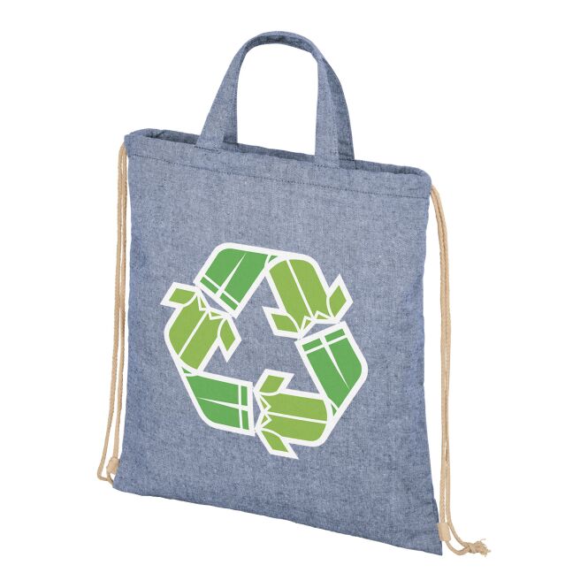Werbeartikel Rucksack Pheebs mit Express-Logodruck – recycelte Baumwolle – Heather Blau – nachhaltige Tasche für Messen und Firmen
