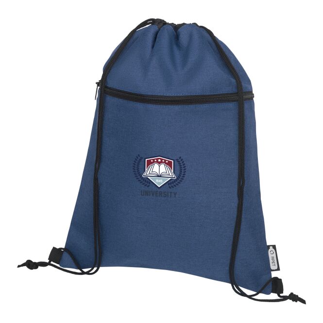 Werbeartikel Ross Sportbeutel aus RPET mit Express-Logodruck – Navy – nachhaltige Tasche für Messen und Sportevents