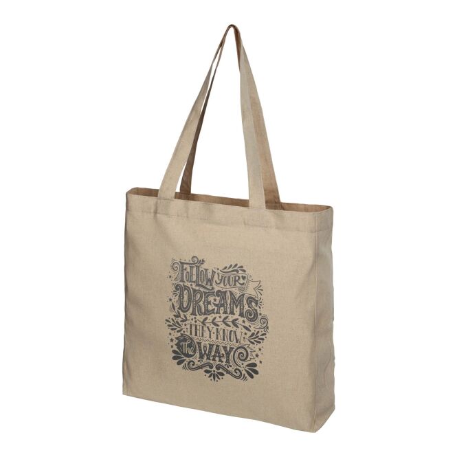 Werbeartikel Pheebs Tragetasche mit Express-Logodruck – recycelte Baumwolle – Heather Natur – nachhaltige Stofftasche für Firmen