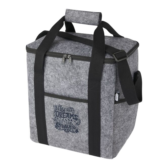 Werbeartikel Felta Kühltasche mit Express-Logodruck – 21 Liter Volumen & GRS-recycelt – Grau – Isolierte Tragetasche für Firmen