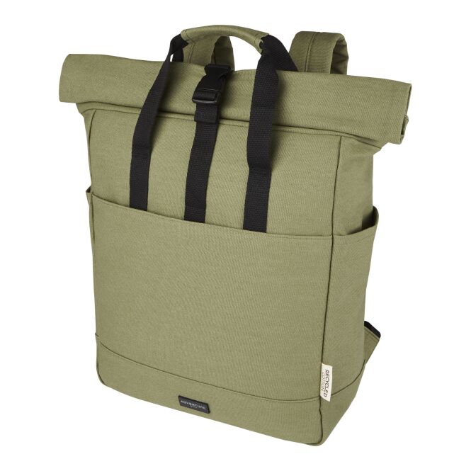 Kundengeschenk Joey 15 Zoll Rolltop Laptop-Rucksack mit Express-Logodruck – Olive – nachhaltige Business-Tasche aus recyceltem Canvas