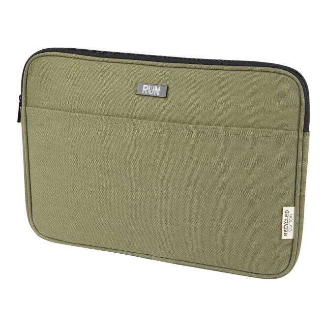 Firmengeschenk Joey 14 Zoll Laptophülle mit Express-Logodruck – Olive – nachhaltige Schutzhülle aus recyceltem Canvas für Business Laptops