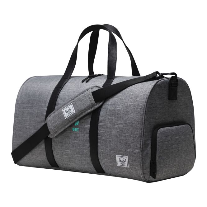 Firmengeschenk Reisetasche Herschel Novel™ – heather grau – mit 48h Express-Logodruck, 43L, 100% recyceltes EcoSystem™, nachhaltige Tasche