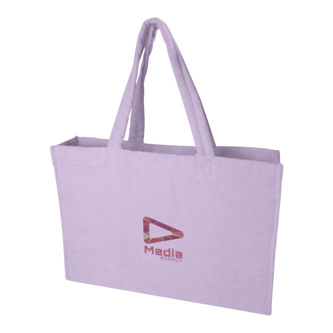 Werbeartikel Siam Strandtasche aus Frottee mit Logo bestickt – Fliederfarben – nachhaltige Stofftasche für Firmen