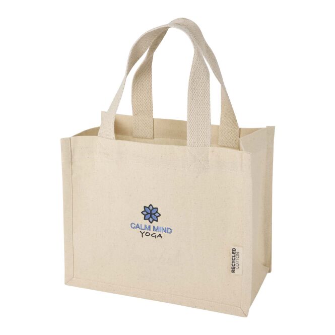 Werbeartikel Odessa 9 L Mini-Tragetasche mit Express-Logodruck aus 220 g/m² GRS Recyclingbaumwolle – Natur – kompakter Beutel für Firmen