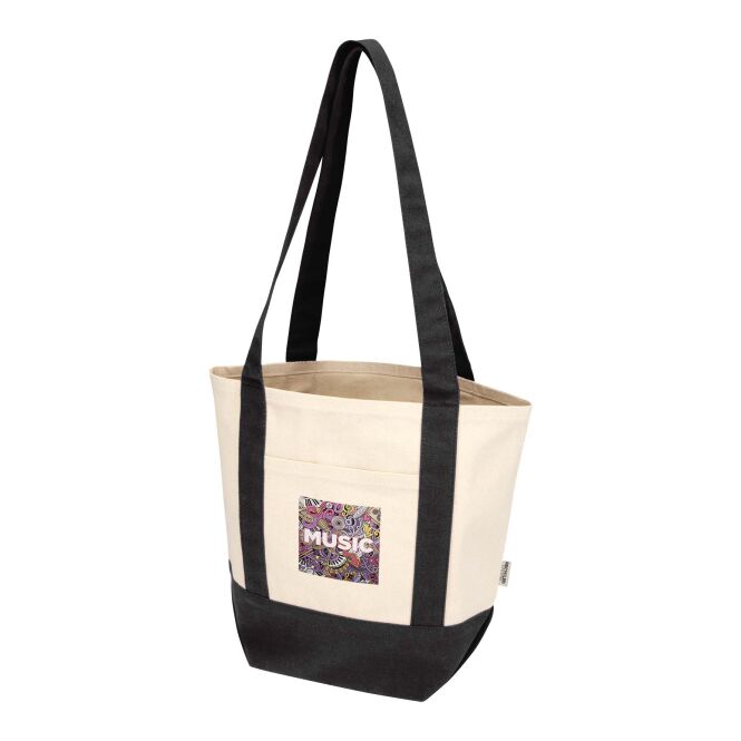 Werbeartikel Sam Mini-Tragetasche mit Express-Logodruck – 320 g/m² recycelte Baumwolle – Schwarz-Natur – langlebige Stofftasche für Firmen
