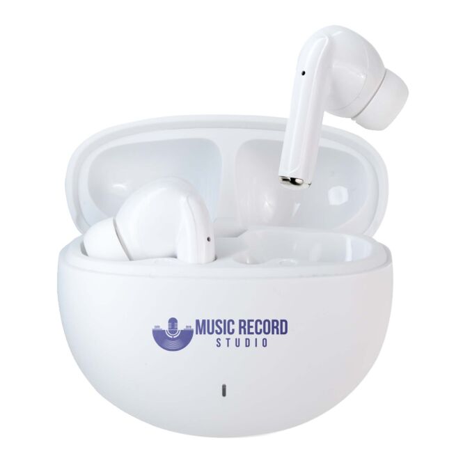 Premium-Werbegeschenk Boompods Echowave True Wireless mit Express-Logodruck – Weiss – recycelte Audio-Technik für Geschäftspartner