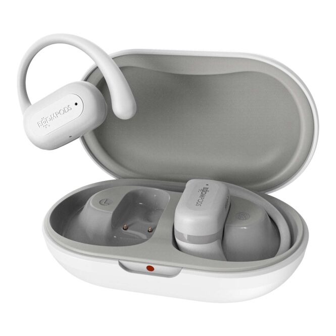 Firmengeschenk Boompods Sportpods Bluetooth Kopfhörer – weiß – mit Logo bedruckt 48h Express-Druck 25h Akkulaufzeit für Mitarbeitergeschenke
