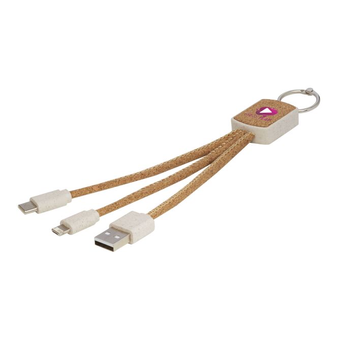 Firmengeschenk Bates 3-in-1 Ladekabel mit Express-Gravur – Natur – nachhaltiges USB-Ladezubehör für Büro und Business