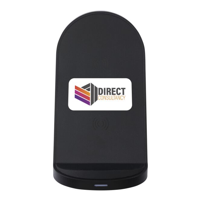 Firmengeschenk Loop 15W Ladestation mit Express-Druck – 15W Doppelspule aus recyceltem Kunststoff – Schwarz – kabellose Ladetechnik für Büro