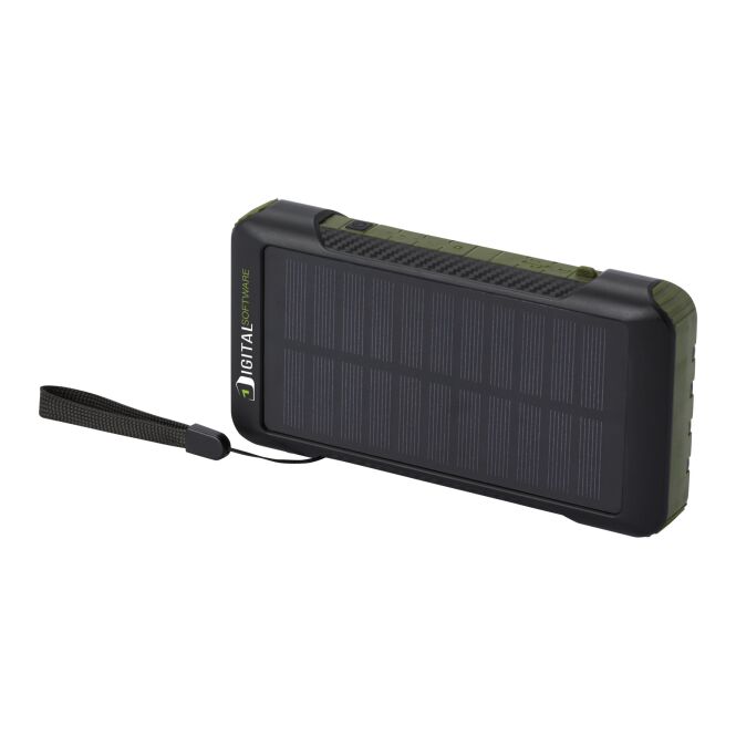 Werbeartikel Soldy Solar-Powerbank mit Express-Logodruck – 10.000 mAh aus recyceltem Kunststoff – Armee-Grün – nachhaltiger Stromspeicher für Kunden
