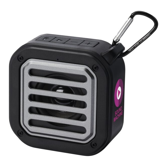Premium-Werbeartikel Solo 3W Bluetooth Lautsprecher – schwarz – mit Logo bedruckt 48h Express-Druck, nachhaltig, IPX5 Solar für Outdoor