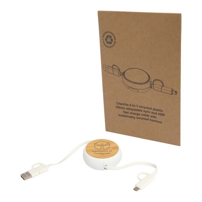 Werbeartikel Chechia 5-in-1 Kabel mit Express-Gravur – 100 cm recycelt – Weiss – Schnellladetechnik für Firmen und Büro