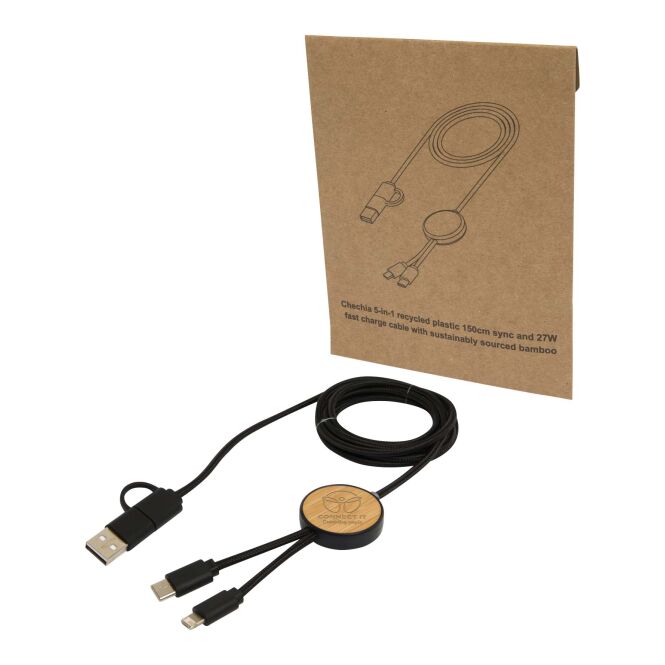 Werbeartikel Chechia 150 cm 5-in-1 Ladekabel mit Express-Druck – 27W Schnellladung – Schwarz – technisches Zubehör für Business und Büro