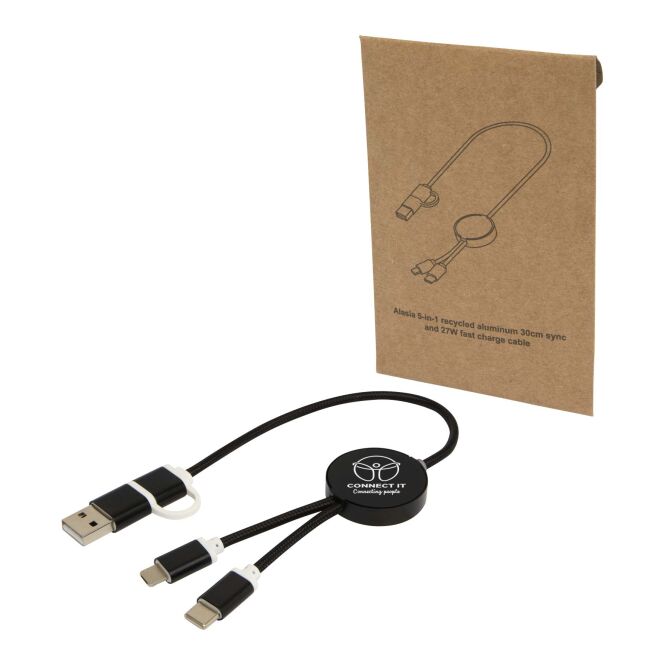 Werbeartikel Alasia 5-in-1 Kabel 30 cm mit Express-Druck – Schwarz – schnelles Ladekabel für Büro und Firmenbedarf