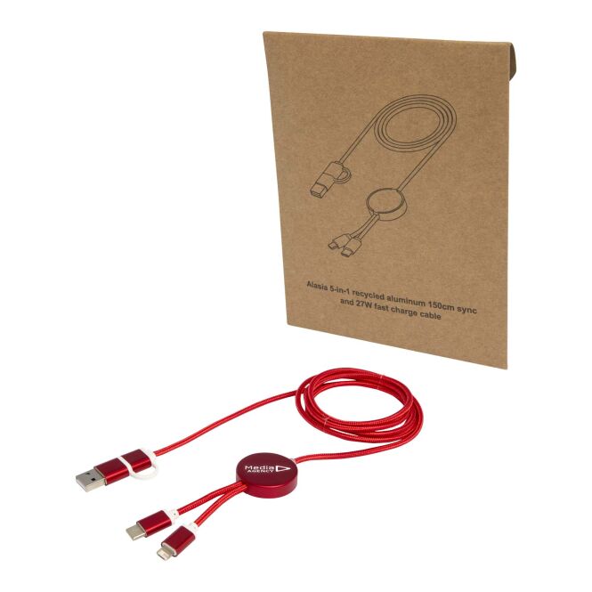 Werbeartikel Alasia 150 cm 5-in-1 Kabel mit Express-Gravur – Rot – Schnellladekabel für Technik-Events und Bürobedarf