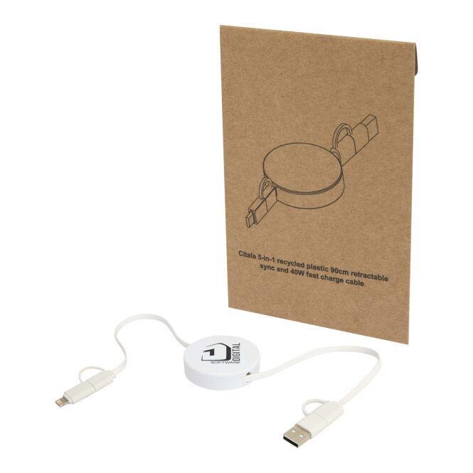 Werbeartikel Citala 5-in-1 Kabel mit Express-Druck – 90 cm recycelt – Weiss – Schnellladekabel für Technik und Büro