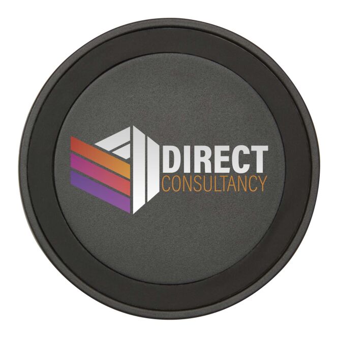 Premium-Werbeartikel Wireless Charger Freal – schwarz – mit Logo bedruckt 48h Express-Druck 15W recycelt für das Homeoffice
